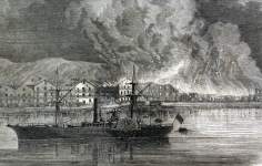 Destructive fire at Aspinwall, present-day Colón, Panama, October 19, 1866, artist's impression.