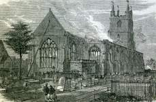 Aftermath of the disastrous fire in the medieval Croydon Church in London by fire, January 5, 1867, artist's impression.