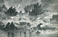 Flash flood inundates a U.S. Army wagon train trapped in Cañon Water, Arizona Territory, March 10, 1867, artist's impression, detail.