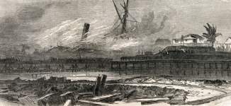 Damage to docks and ships following explosion, Aspinwall, Panama, April 3, 1866, artist's impression