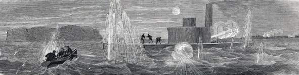 U.S.S. Lehigh aground near Fort Sumter, South Carolina, November 14-15, 1863, artist's impression, zoomable image