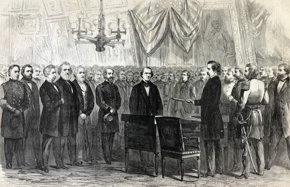 President Andrew Johnson at New York City Hall, August 29, 1866, artist's impression