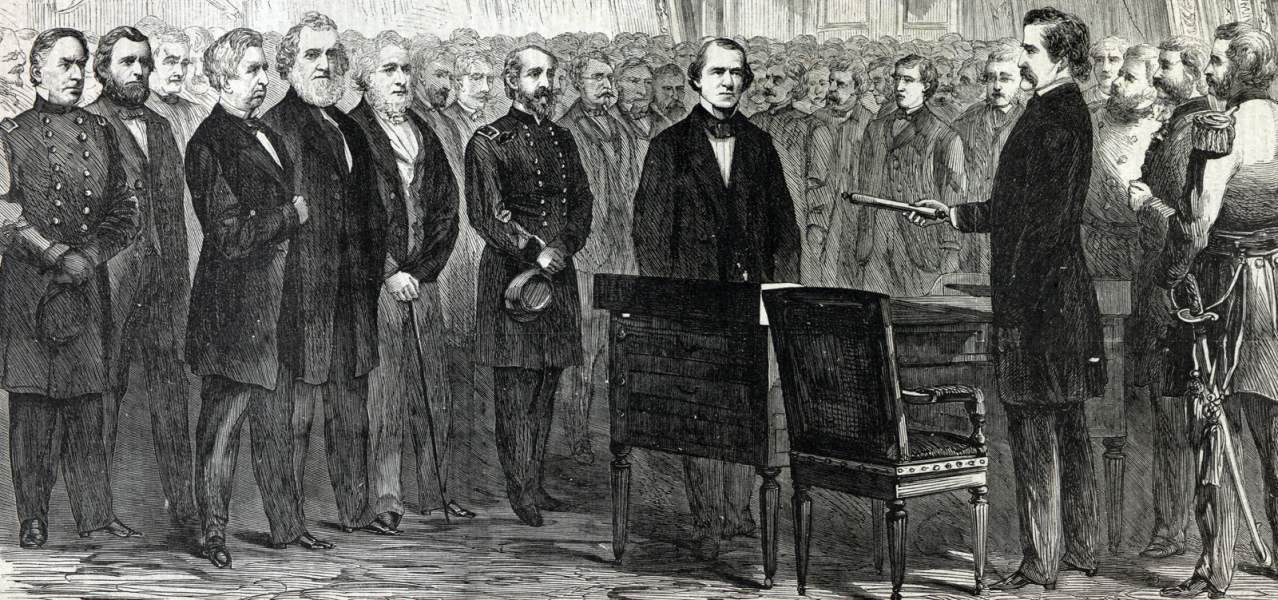 President Andrew Johnson at New York City Hall, August 29, 1866, artist's impression, detail, zoomable image.