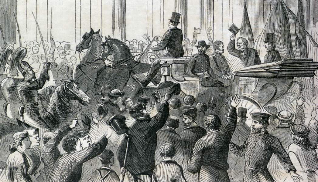 President Johnson's arrival at the Continental Hotel, Philadelphia, Pennsylvania, August 1866, artist's impression, detail.
