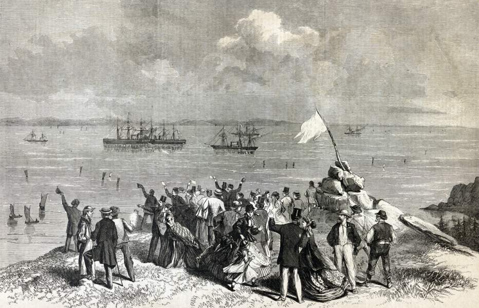 Arrival of the "Great Eastern" in Trinity Bay, Newfoundland, with the Atlantic Cable, July 27, 1866, artist's impression.