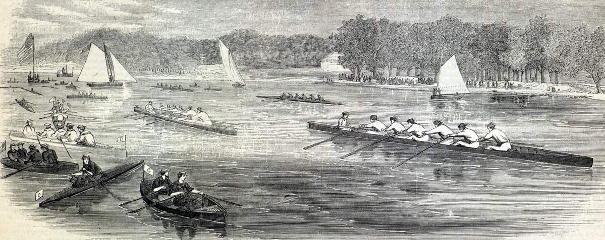 Boatrace between New York and Albany boat clubs, Hoboken, New Jersey, June 30, 1866, artist's impression