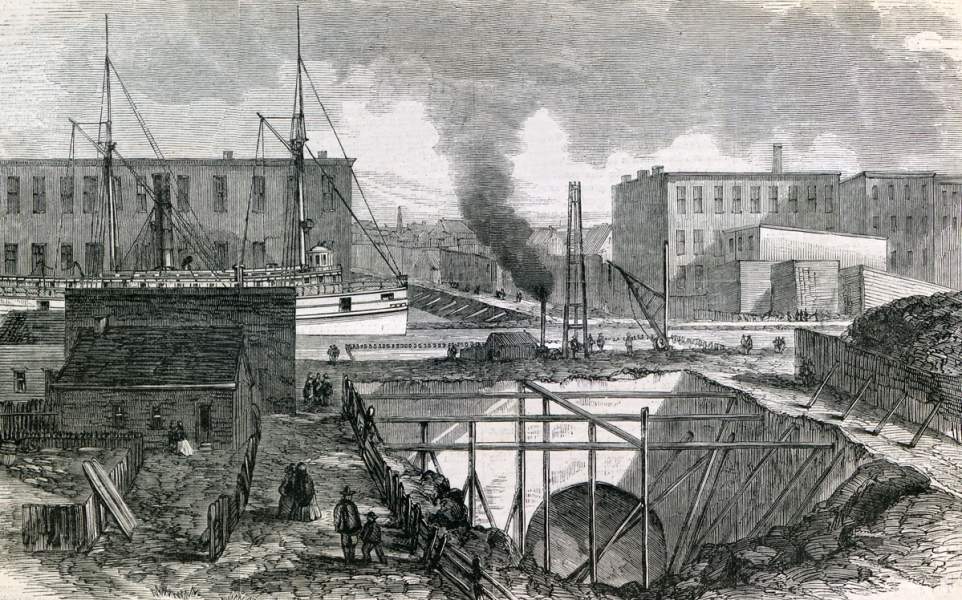 Construction of the Chicago River Tunnel, May 1867, artist's impression.
