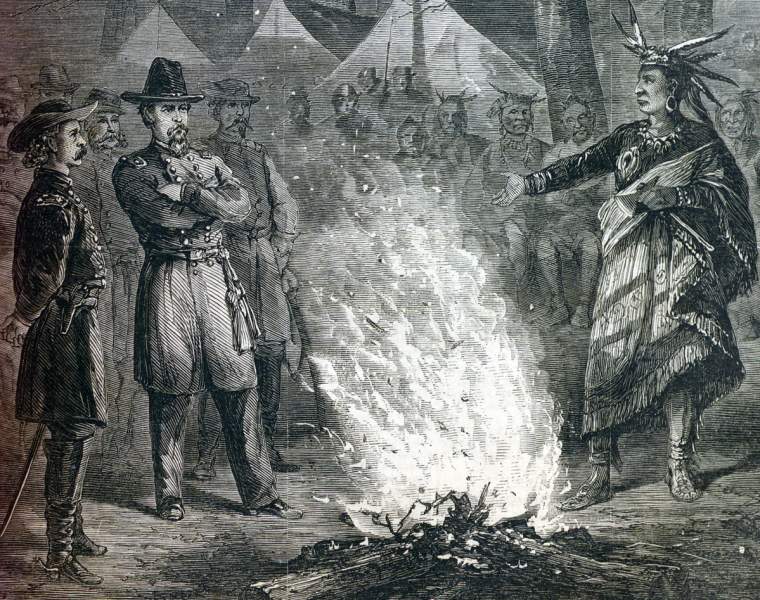 General W.S. Hancock in an evening meeting with Cheyenne leaders, Fort Larned, Kansas, April 12, 1867, artist's impression, detail.