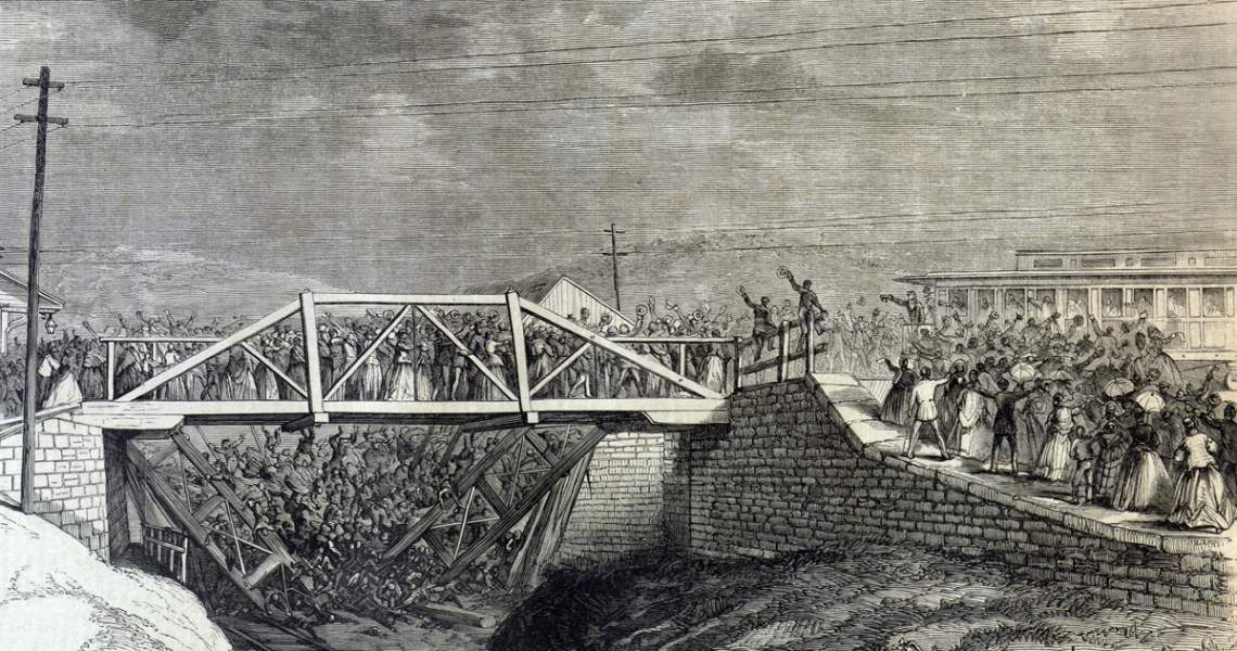The deadly platform collapse at Johnstown, Pennsylvania, September 14, 1866, artist's impression, detail.