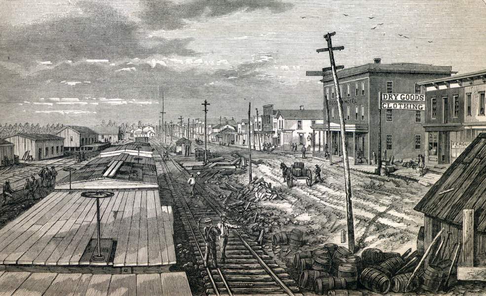 Main Street, Corry, Pennsylvania, April 1867, artist's impression.
