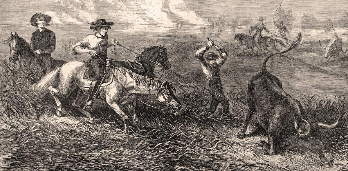 Cattle branding in Texas, June 1867, artist's impression, detail.