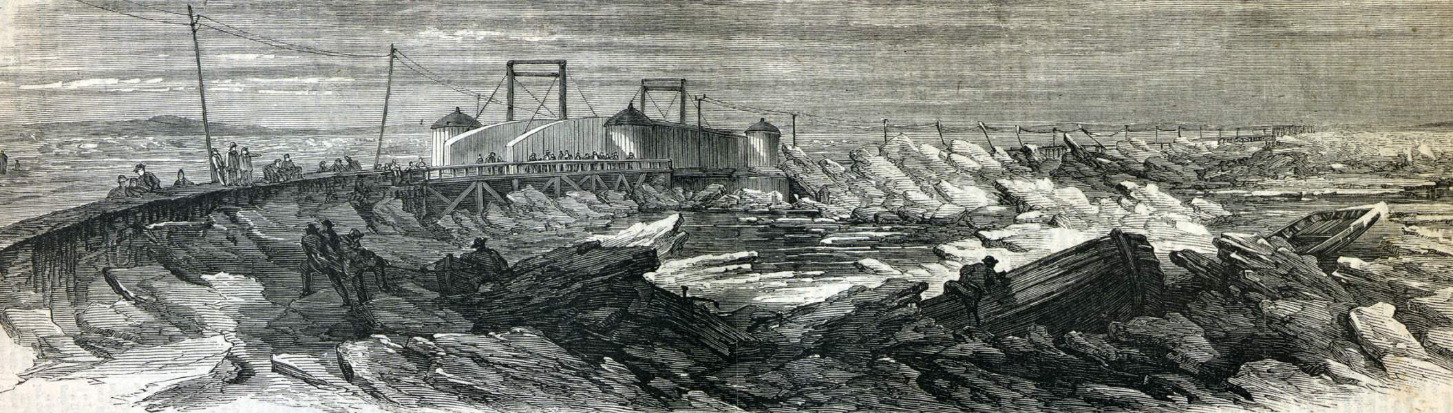 Ice Dam at the Long Bridge, Washington, D.C., February 6, 1867, artist's impression, zoomable image.