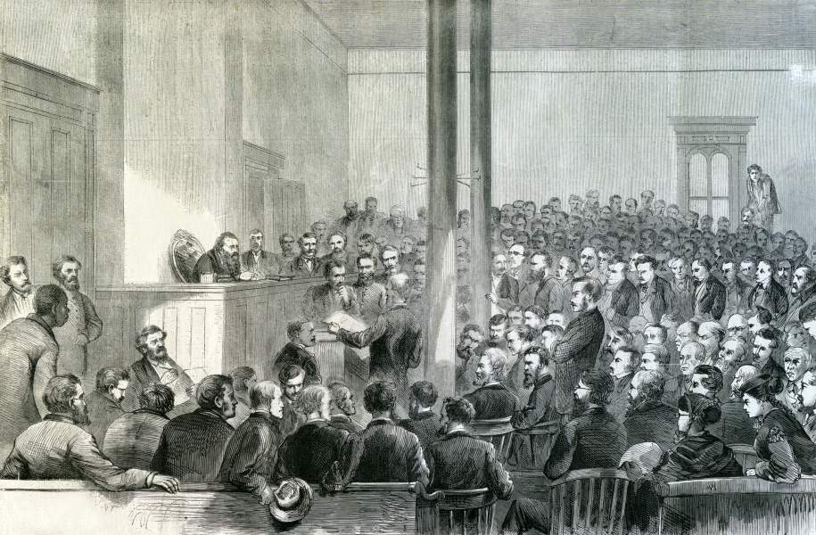 Former Confederate President Jefferson Davis appearing in federal court in Richmond, Virginia, May 13, 1867, artist's impression, zoomable image.