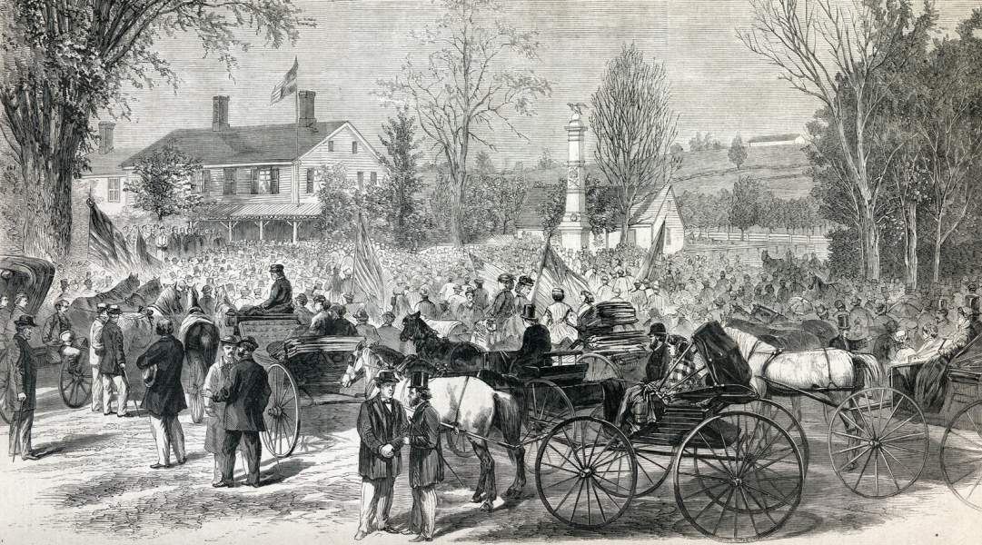 Dedication of the Soldiers' Monument, Stockbridge, Massachusetts, October 17, 1866, artist's impression, zoomable image.