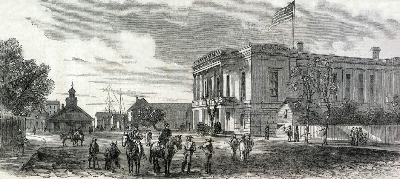 The U.S. Customs House, Galveston, Texas, October 1866, artist's impression, zoomable image.