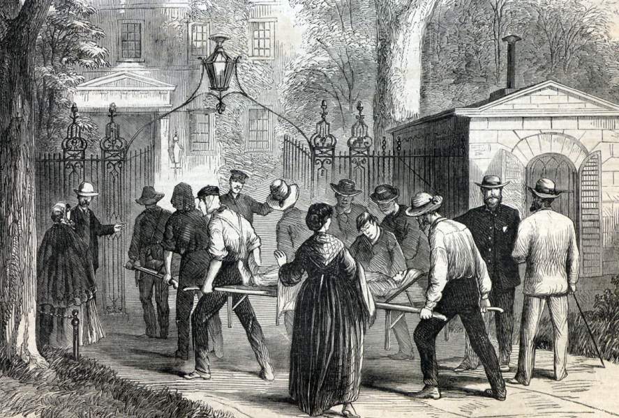 Victims of New York City heatwave being taken to Broadway's City Hospital, August 1866, artist's impression.