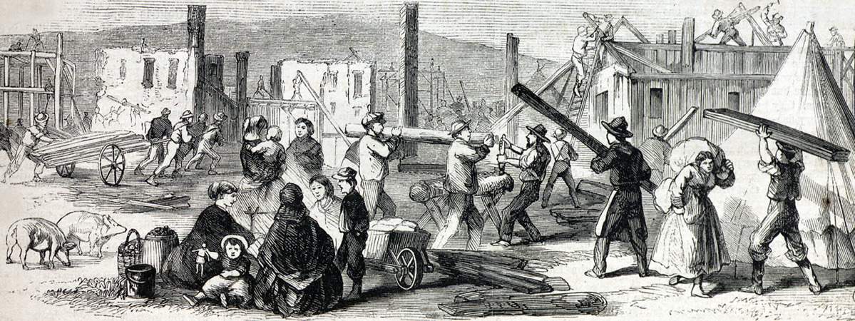 Constructing shelter for the citizens of Quebec made homeless in the great fire of October 14, 1866, artist's impression, detail.