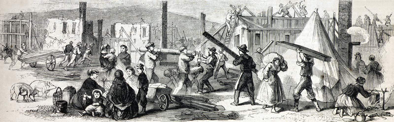 Constructing shelter for the citizens of Quebec made homeless in the great fire of October 14, 1866, artist's impression, zoomable image.