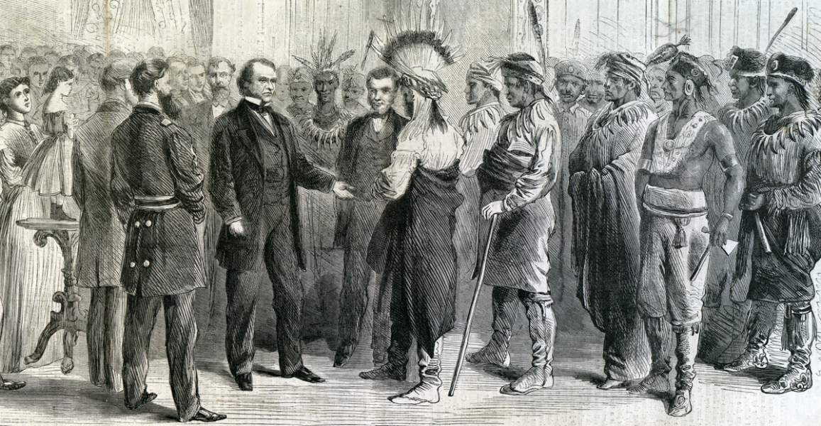 Visit of delegation from three Dakota Territory Sioux tribes to the White House, February 23, 1867, artist's impression.