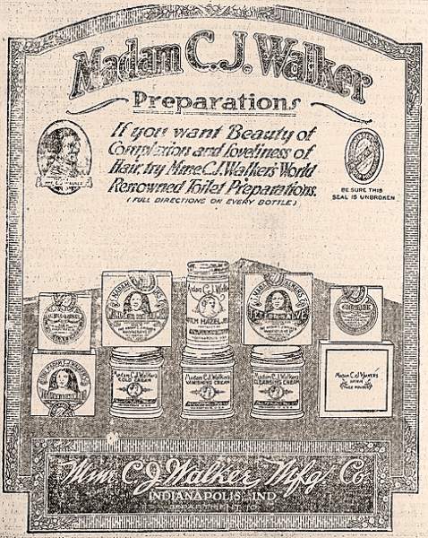 Newspaper advertisement for Madame C.J. Walker cosmetic preparations, 1920.