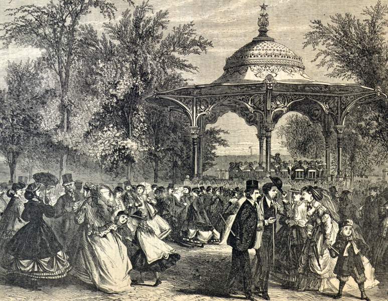 Saturday music in Central Park, New York City, summer 1866, artist's impression, detail.
