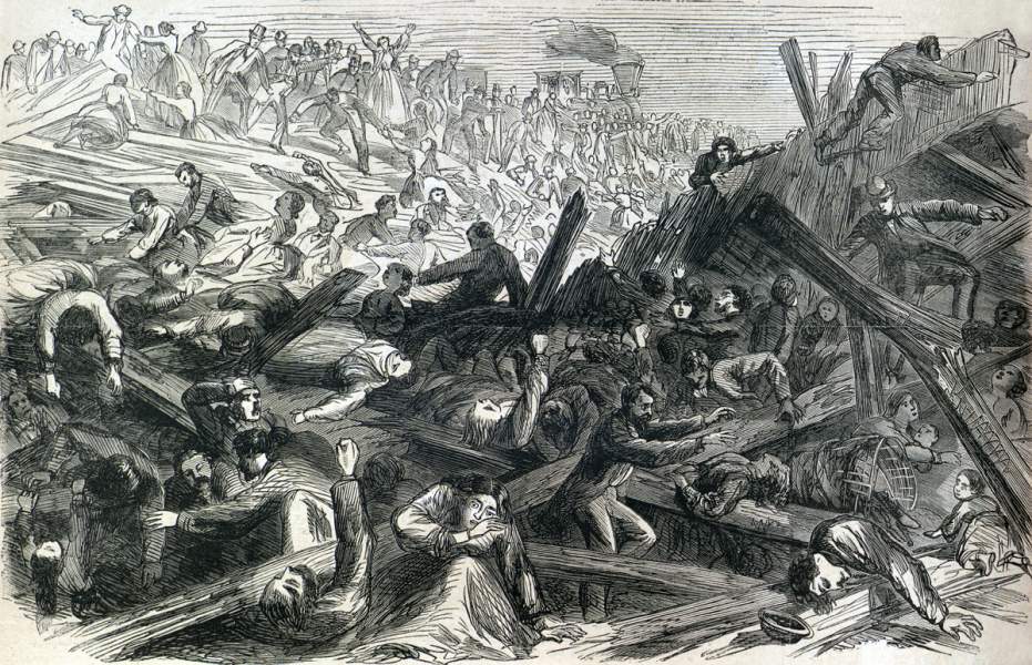 Aftermath of the viewing platform collapse at Johnstown, Pennsylvania, during President Johnson's tour, September 14, 1866, artist's impression.