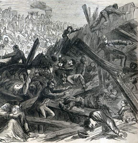 Aftermath of the viewing platform collapse at Johnstown, Pennsylvania, during President Johnson's tour, September 14, 1866, artist's impression, detail.