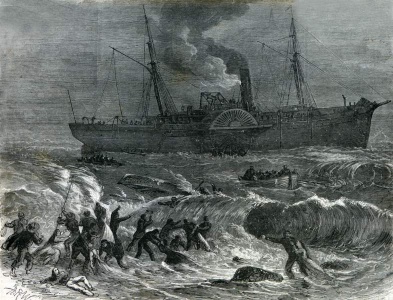 Rescuing passengers from steamship "Santiago De Cuba," Absecom, New Jersey, May 21, 1867, artist's impression. 