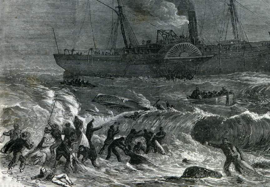 Rescuing passengers from steamship "Santiago De Cuba," Absecom, New Jersey, May 21, 1867, artist's impression, detail. 