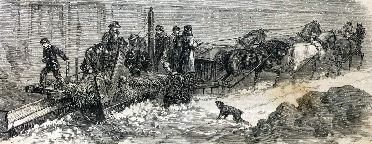 Clearing the city railroad tracks of snow, Albany, New York, December 29, 1866, artist's impression.