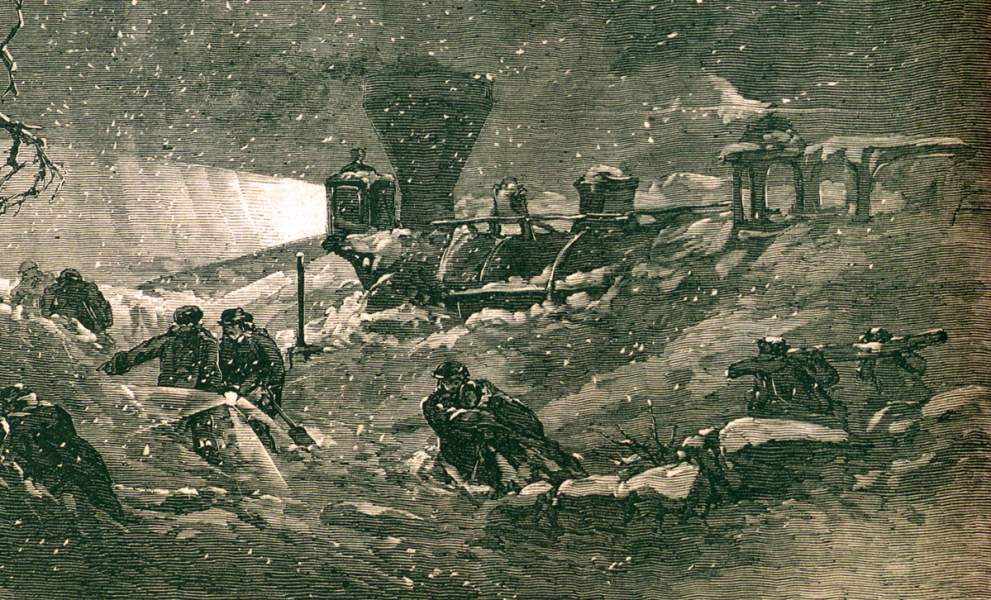 Clearing railroad tracks of snow near Troy, New York, December 29, 1866, artist's impression, detail.