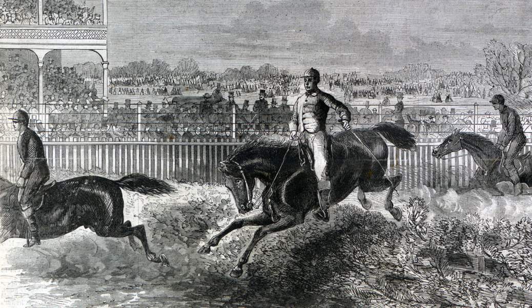 Handicap Hurdles, Jerome Park, Westchester County, New York, May 25, 1867, artist's impression. 