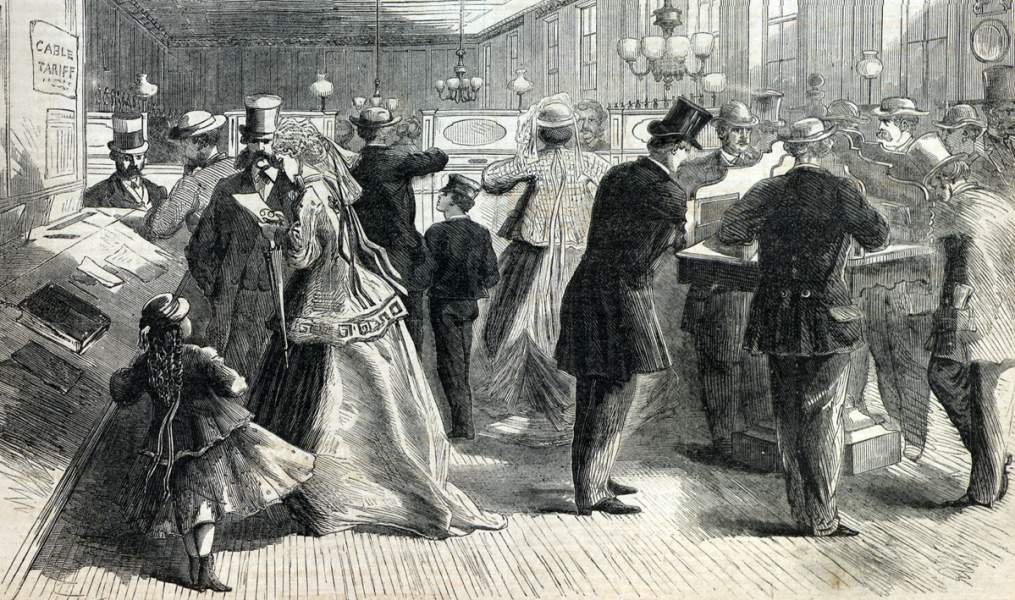 New York City's American Telegraph Company office following the opening of Atlantic Cable link, summer 1866, artist's impression.