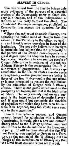 “Slavery in Oregon,” Washington (DC) National Era, August 27, 1857