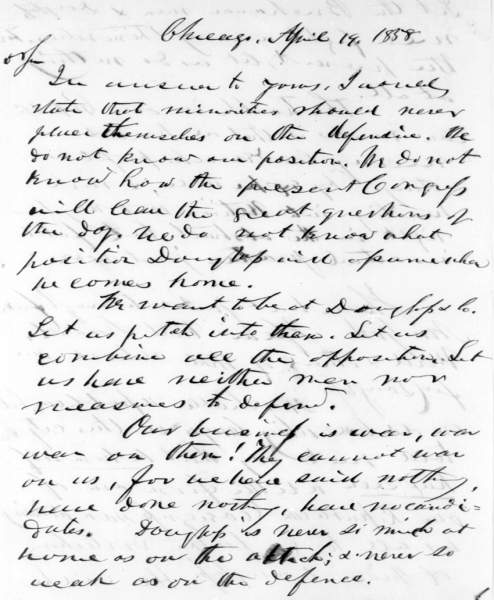 John Wentworth to Abraham Lincoln, April 19, 1858 (Page 1)