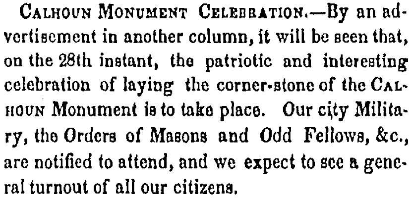 “Calhoun Monument Celebration,” Charleston (SC) Mercury, June 8, 1858