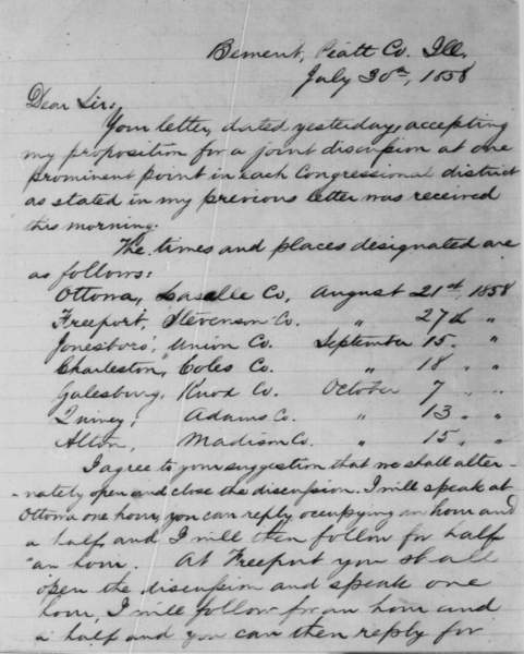Stephen Douglas to Abraham Lincoln, July 30, 1858 (Page 1)