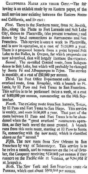 “California Mails and their Cost,” San Francisco (CA) Bulletin, September 16, 1858