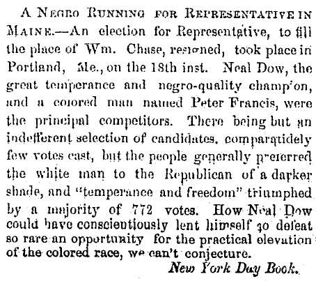 “A Negro Running for Representative in Maine,” Raleigh (NC) Register, December 1, 1858