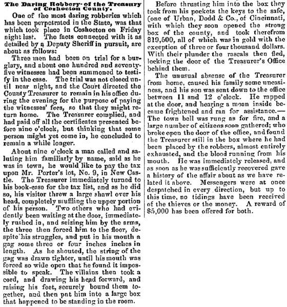 “The Daring Robbery of the Treasury of Coshocton County,” Newark (OH) Advocate, January 26, 1859