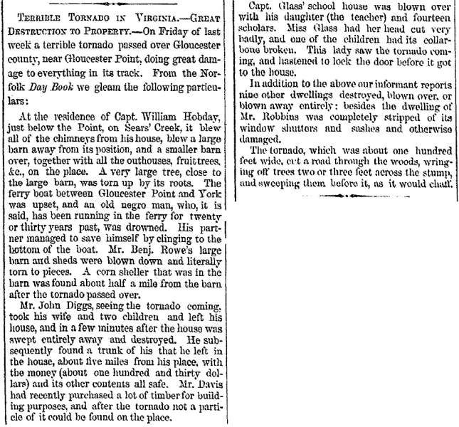 “Terrible Tornado in Virginia,” Cleveland (OH) Herald, July 5, 1859