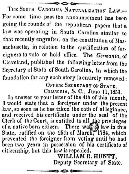 “The South Carolina Naturalization Law,” Charleston (SC) Mercury, July 12, 1859