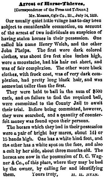 “Arrest of Horse-Thieves,” Chicago (IL) Press and Tribune, July 19, 1859