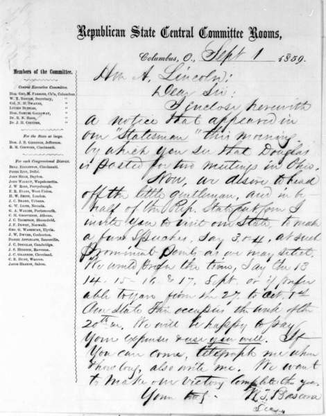 William T. Bascom to Abraham Lincoln, September 1, 1859 (Page 1)