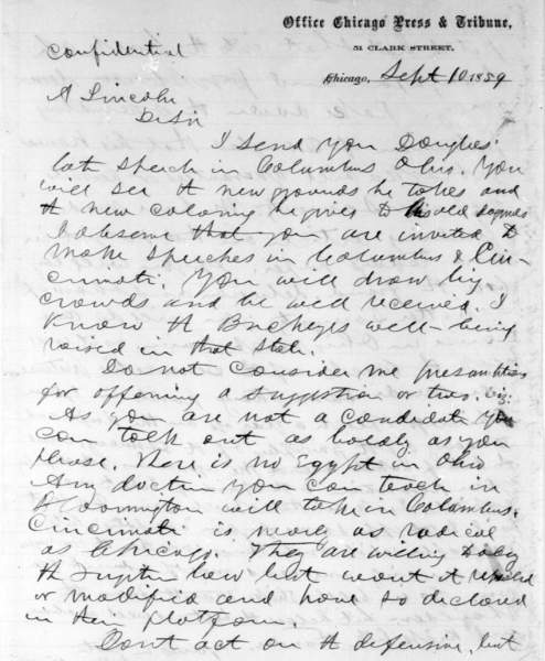 Joseph Medill to Abraham Lincoln, September 10, 1859 (Page 1)