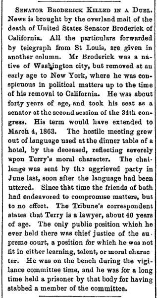 “Senator Broderick Killed in a Duel,” Lowell (MA) Citizen & News, October 10, 1859