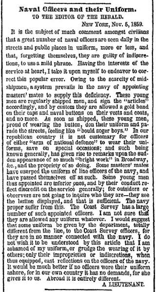 “Naval Officers and Their Uniform,” New York Herald, November 6, 1859