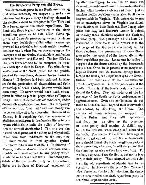 “The Democratic Party and Old Brown,” Charleston (SC) Mercury, November 8, 1859