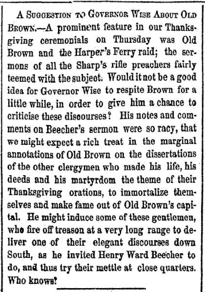 “A Suggestion to Governor Wise About Old Brown,” New York Herald, November 27, 1859