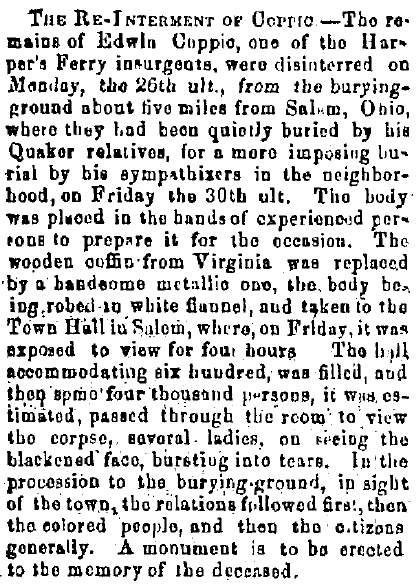 “The Re-Interment of Coppic [Coppoc],” Charlestown (VA) Free Press, January 12, 1860